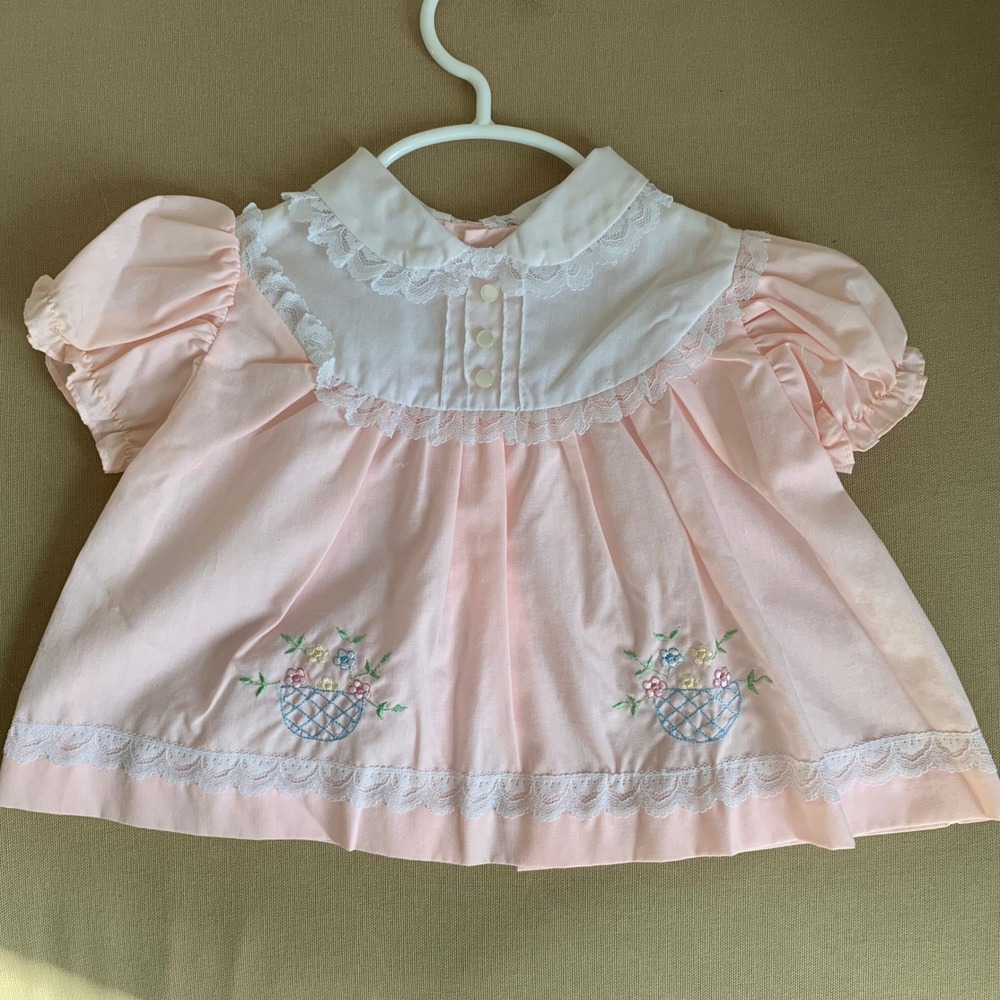 VTG 70s 80s Cradle Togs‎ Pink Baby Dress 3-6 Months? Floral Embroidered Lace